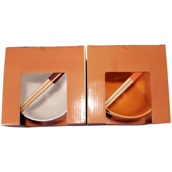 Maruchan Ramen Noodle Ceramic Soup Bowls Set with Chopsticks White & Orange - Picture 2 of 4
